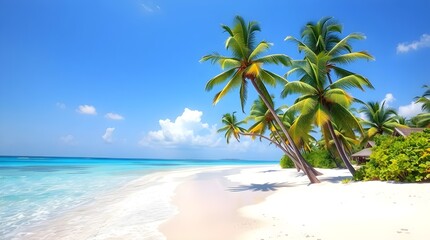 A tropical beach with turquoise water, soft white sand, and palm trees swaying in the breeze under a clear blue sky