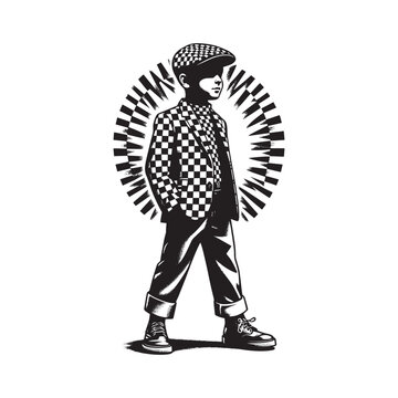 Monochrome woodcut illustration of a kid in checkerboard ska fashion