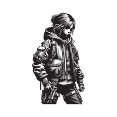 Obraz premium Monochrome Woodcut Illustration of Young Girl in Futuristic Tactical Outfit