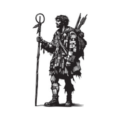 Fototapeta premium Monochrome woodcut of a resilient wanderer holding a spear with torn sleeves