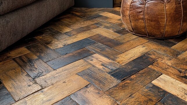 A herringbone parquet floor, a testament to the elegance and artistry of traditional craftsmanship, seamlessly blends into the modern interior, its intricate pattern adding depth and sophistication 
