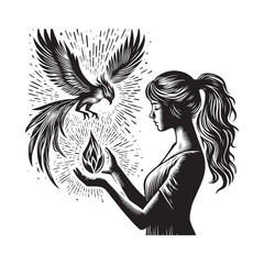 Fototapeta premium Mystical encounter woman holding radiant gem beneath soaring phoenix image