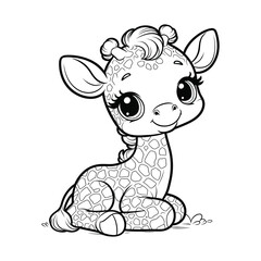 Cute Cartoon Giraffe Sitting Black and White Line Art Illustration
