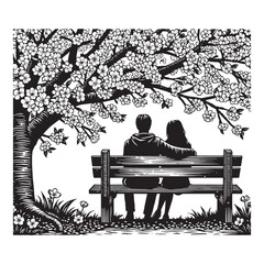 Fototapeta premium Serene encounter couple on bench embraced by cherry blossoms illustration