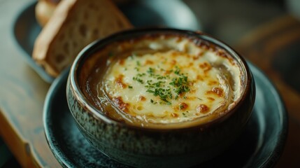 A bowl of rich French onion soup topped with melted cheese. Featuring comfort and richness