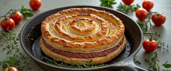 Savory layered meat pastry baked to perfection with a golden crispy crust served on a cast iron pan with fresh tomatoes and herbs for a rustic gourmet presentation
