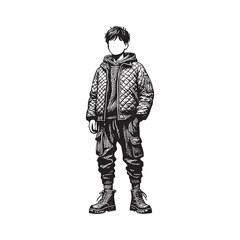 Fototapeta premium Stylized figure in quilted jacket and joggers clean detail woodcut art