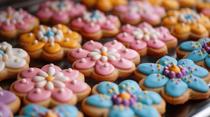 Colorful flower-shaped iced cookies on a tray, close-up
