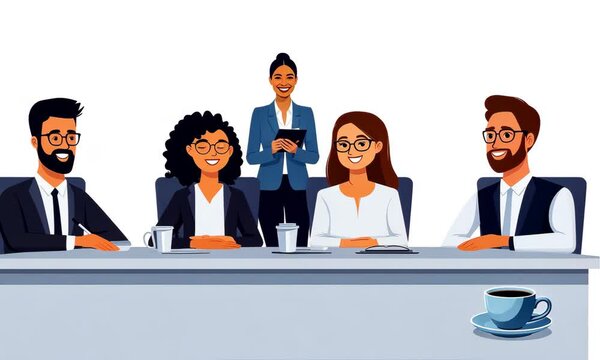 Diverse business team in a meeting, collaborating for success, vector illustration