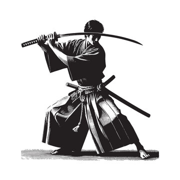 Warrior in hakama with bokken performing iaido in woodcut monochrome style