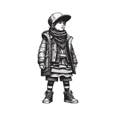 Whimsical youth portrait with layered fashion and woodcut artistic style