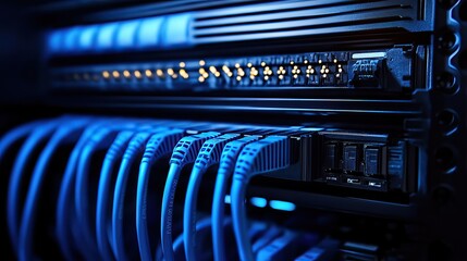 Network rack, cables, dark server room