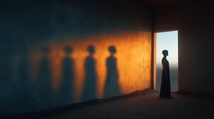 Artistic portrayal of a figure standing in light with shadows cast in a desert landscape during twilight hours