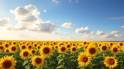 A sunflower field in full bloom stretching to the horizon under a warm summer sky with fluffy white clouds.