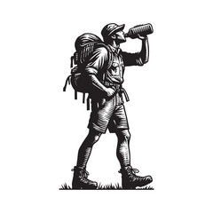 Obraz premium Woodcut style illustration of a hiker drinking from water canteen during an outdoor adventure