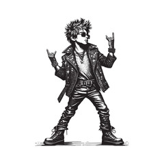 Fototapeta premium Young rocker in star-studded leather jacket unleashing the metal sign attitude