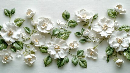 A meticulously detailed white paper surface, adorned with a delicate floral motif and ornamental elements, seamlessly interweaving into a captivating pattern, evoking an air of sophistication 