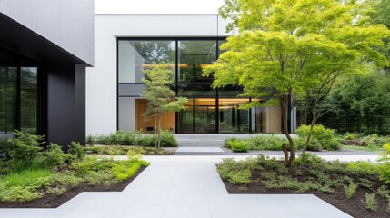 Modern house with a private garden.  Exterior of a contemporary home featuring large windows, a paved walkway, and landscaping