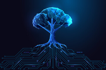 Digital tree with circuit board roots on dark blue background. Sustainability, ESG strategy concept