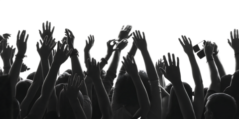 excited crowd with raised hands at concert isolated on white background PNG. GENERATIVE AI