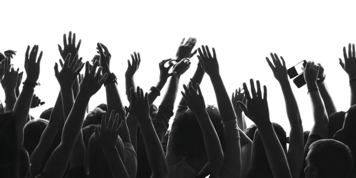 excited crowd with raised hands at concert isolated on white background PNG. GENERATIVE AI
