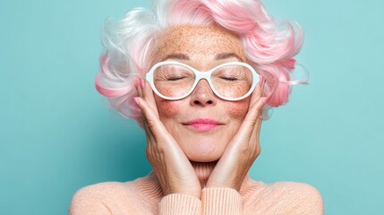 Woman with a wig and glasses is smiling. Concept of humor and playfulness