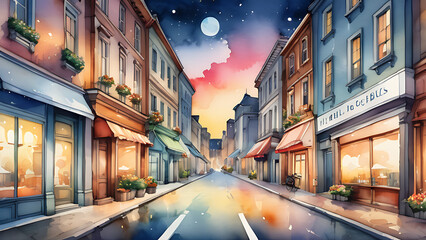 Watercolor Street Scene with Shops at Sunset and Moonlit Sky