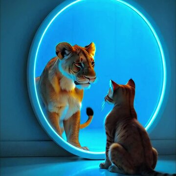 Tabby cat sees lioness reflection illuminated blue mirror surreal scene domestic feline majestic alter ego thought-provoking symbolism inner strength