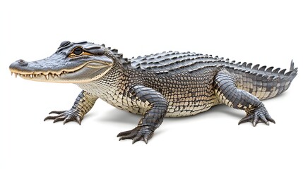 Fototapeta premium Realistic Crocodile Lying on White Background with Detailed Scales and Menacing Expression