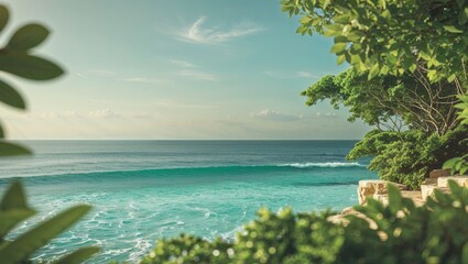Fototapeta premium Serene Escape at the Ocean Front Property with Breathtaking Vistas Enjoy ultimate relaxation amid lush greenery and a stunning seascape
