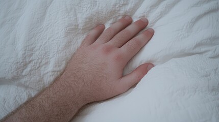 Hand resting on a white bed sheet