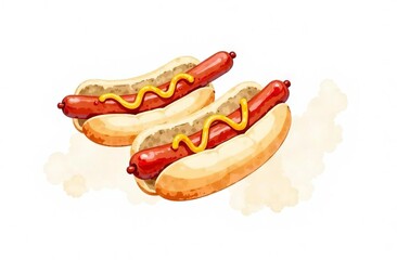Hot dogs with sausage and mustard in watercolor style on white background