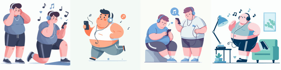 fat teenager vector exercise while listening to music
