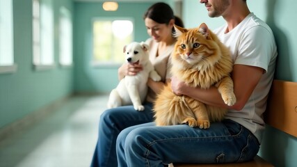 Man and woman with pets waiting in line for appointment veterinary clinic