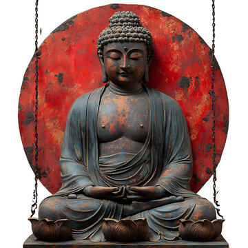A 14th-century Chinese silk banner depicting the Buddha in a serene pose, isolated on a white background.