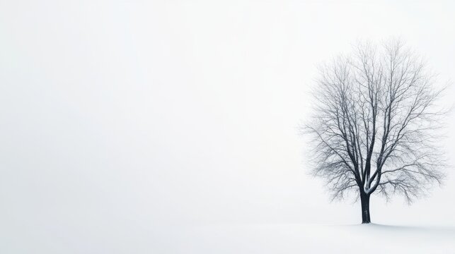 Lonely bare tree standing in a vast snow-covered field under a gray winter sky obfuscating view in the distance