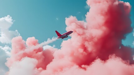 Airplane Flying Through Vibrant Pink Clouds Against a Clear Blue Sky During Daylight