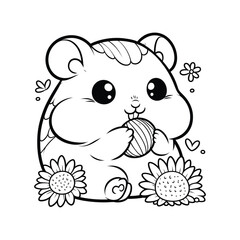 Cute Hamster Holding Yarn Ball Surrounded by Flowers Line Art Design