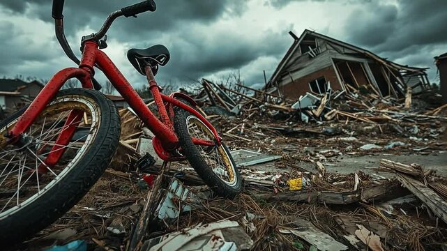 Red Bicycle Amidst Devastation: A lone, vibrant red bicycle rests precariously amidst the ruins of a home destroyed by a powerful storm, conveying the raw emotion of loss and resilience.