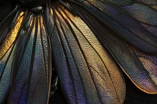 Close-up of iridescent insect wings showcasing intricate texture and vibrant colors.