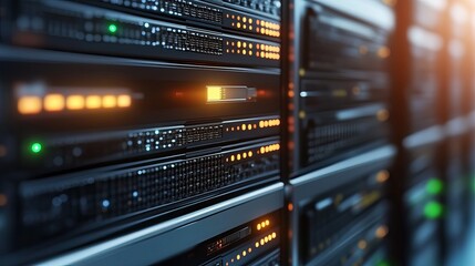 Server rack close-up with glowing lights in data center