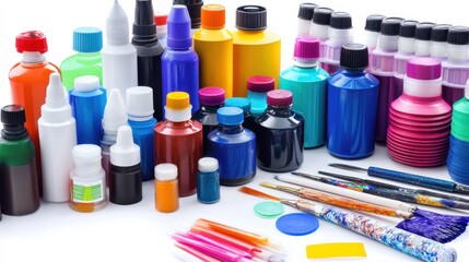 Vibrant Collection of Art Supplies and Paint Bottles on a Table