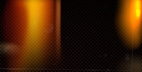 Old film light leak overlay effect with orange flare. Camera vintage film filter. Abstract retro lens flare effect background. Texture with dust and spots noise. Blur analog burnt vector backdrop.