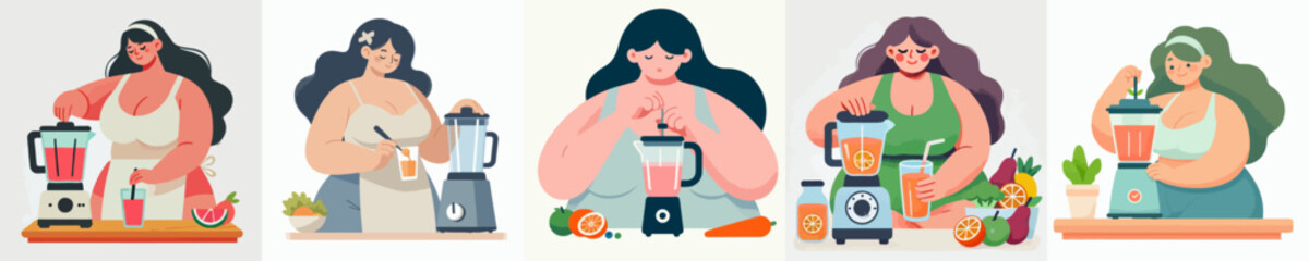 fat woman making juice vector set