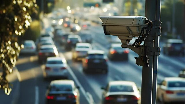 The surveillance camera is mounted on a pole and is aimed at the road along which the traffic is moving.