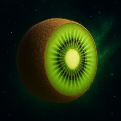 Juicy Neptune-Inspired Kiwi Fantasy.Surreal kiwi fruit depicted as a blue gas planet resembling Neptune with a juicy green core in outer space, creative fusion of food and astronomy.

