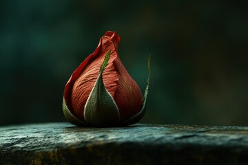 A single, unopened rosebud rests on a dark stone, showcasing its vibrant orange petals and green sepals.