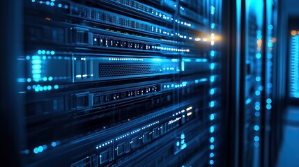 Fototapeta premium Server rack in data center, illuminated by blue light