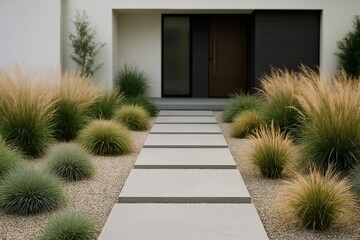 Obraz premium Modern Front Yard Design Featuring Stone Pathway and Ornamental Grass in a Minimalist Setting