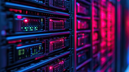 Fototapeta premium Server Rack in Data Center, Rows of Hardware, Neon Lighting